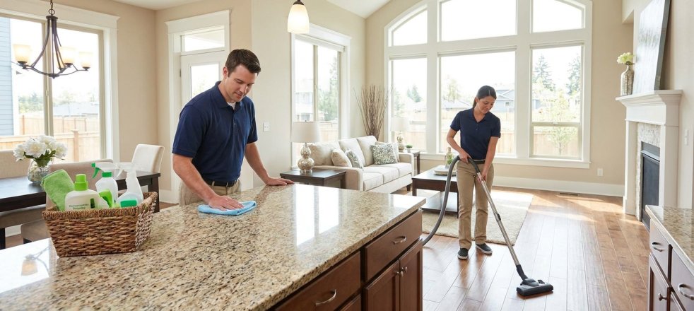 Two cleaners tidying a bright home, wiping a kitchen island and vacuuming the living room floor